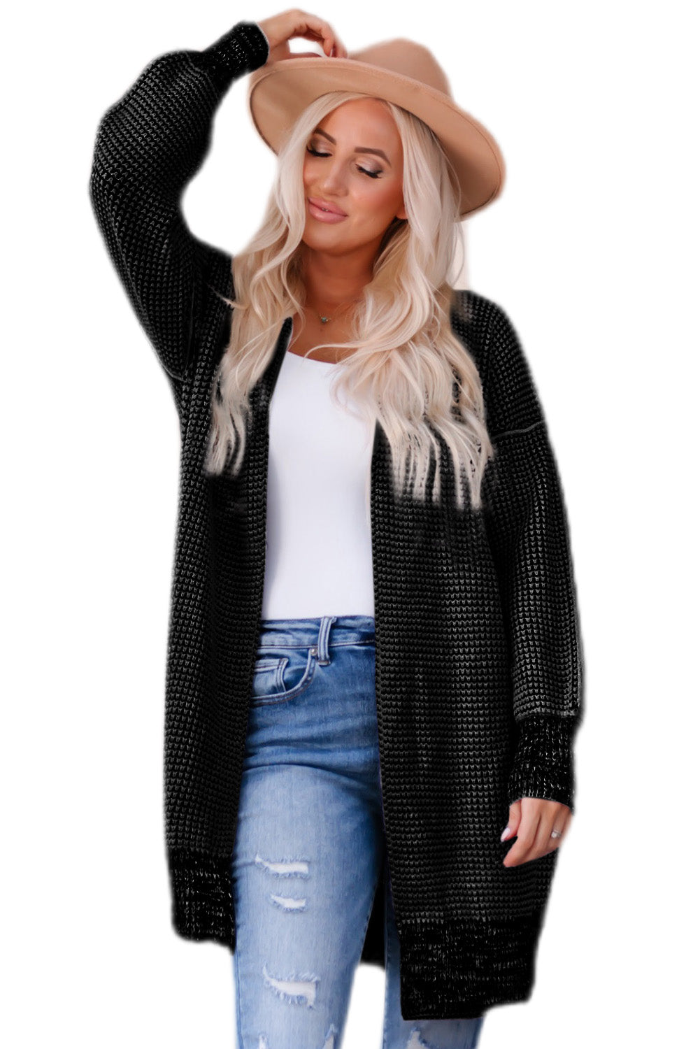 Plaid Knitted Open Front Cardigan