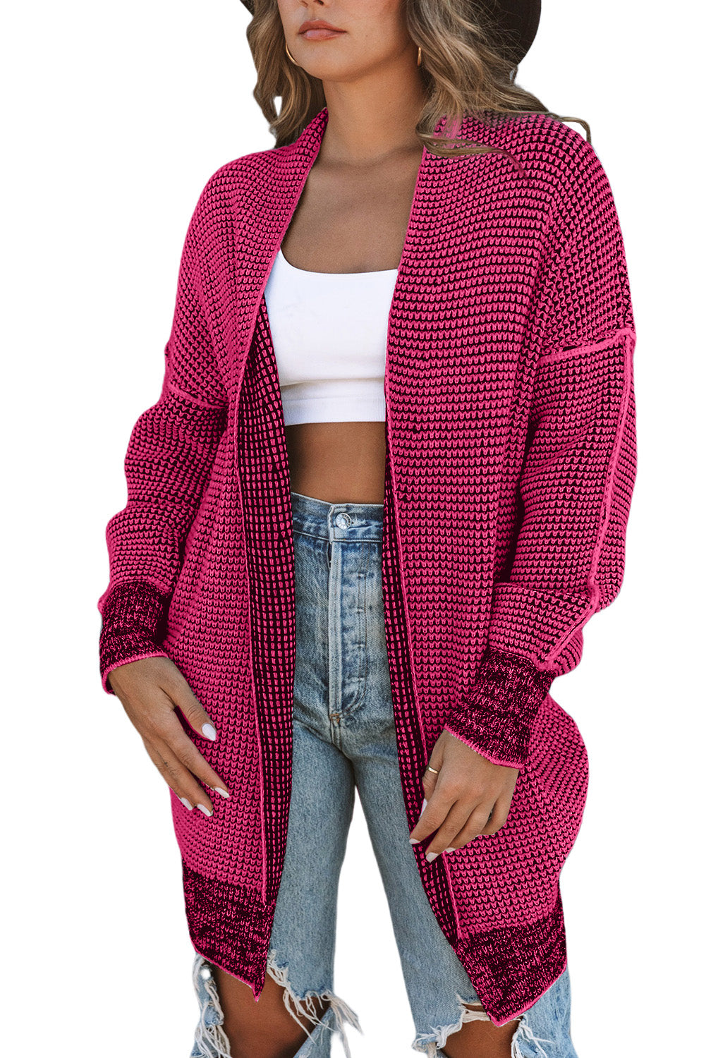 Plaid Knitted Open Front Cardigan