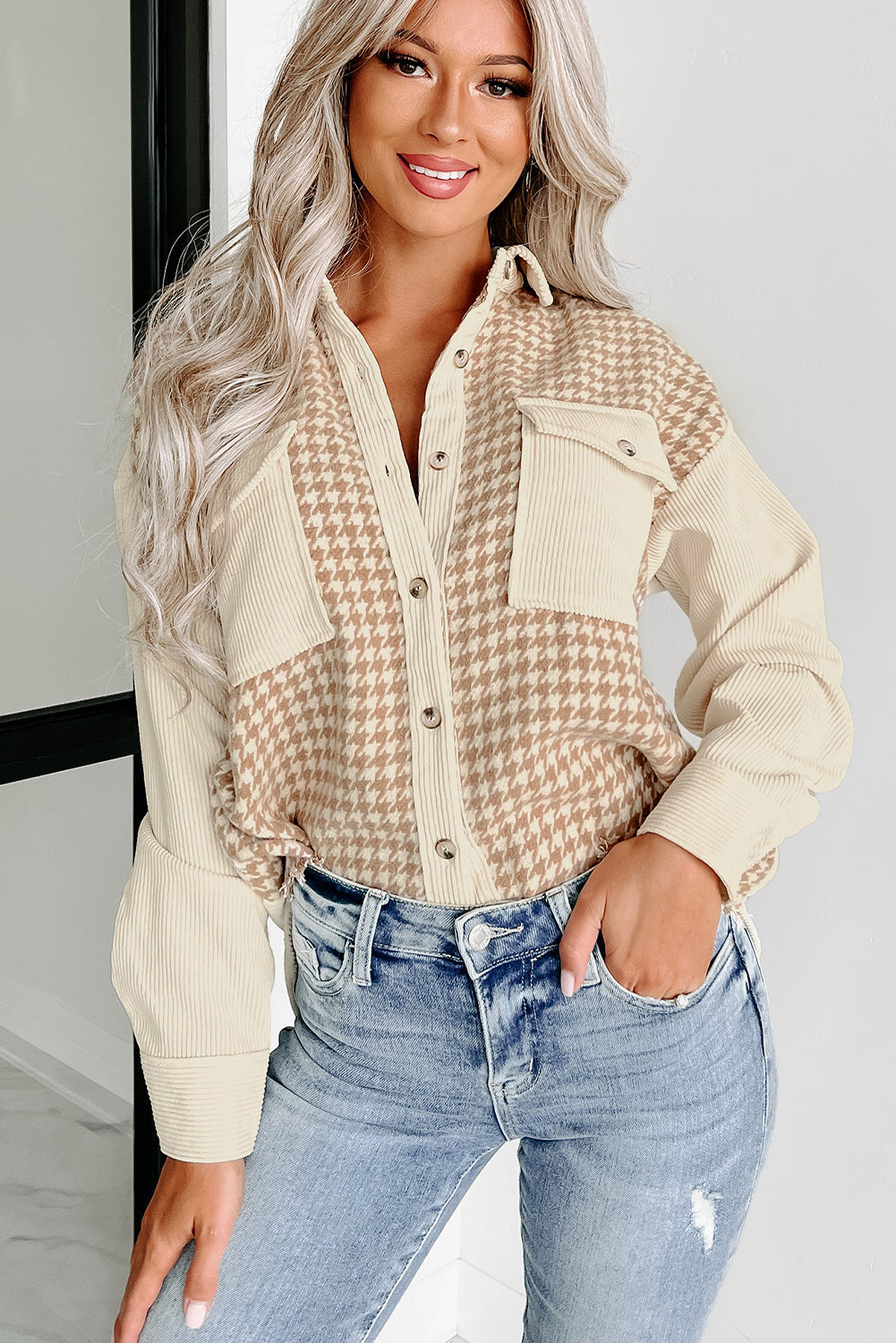 Parchment Houndstooth Corduroy Shacket