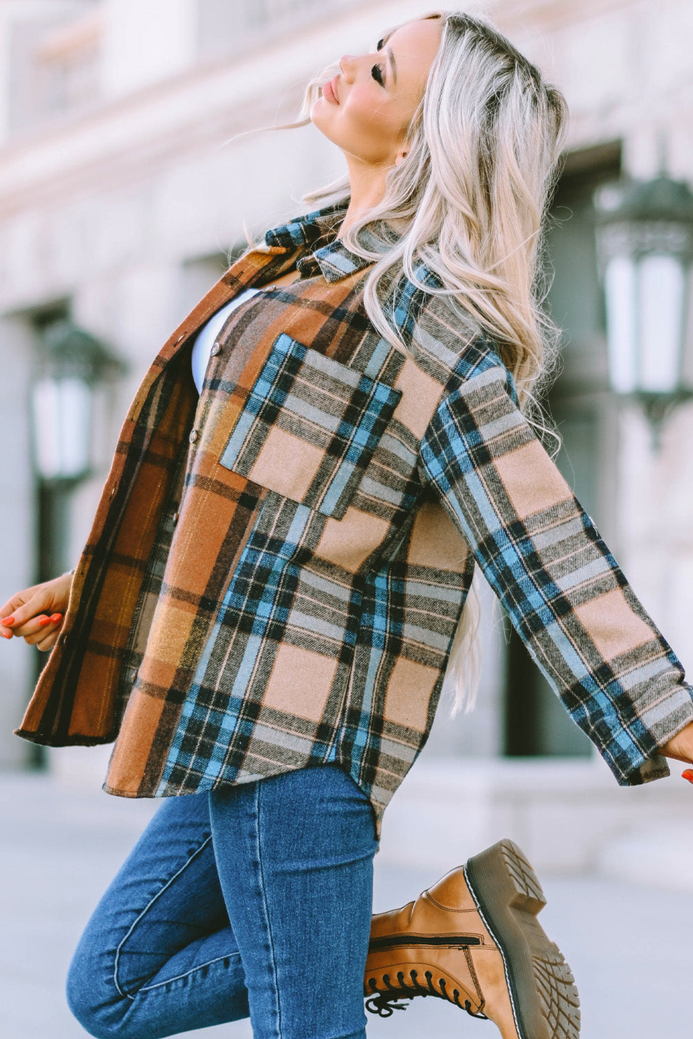 Brown Plaid Color Block Shirt with Pockets