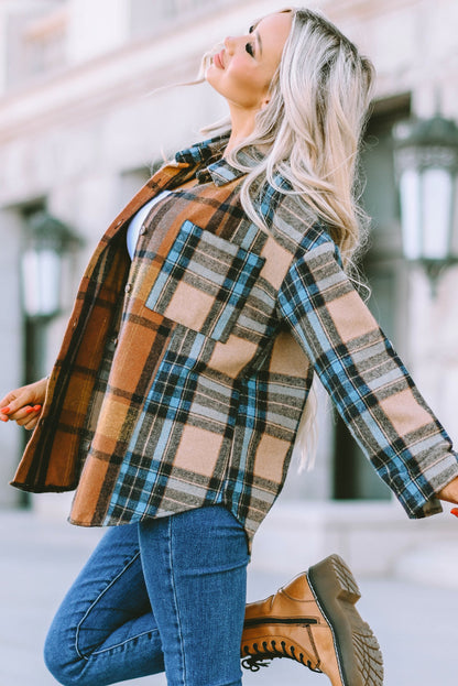 Brown Plaid Color Block Shirt with Pockets