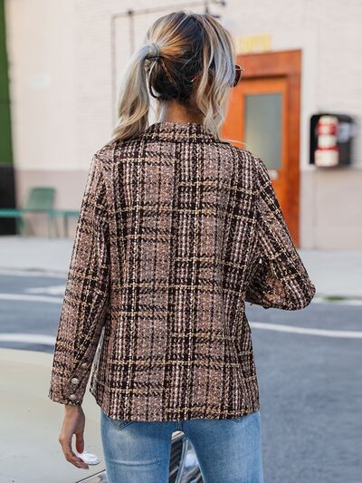 Full Size Plaid Lapel Collar Blazer.