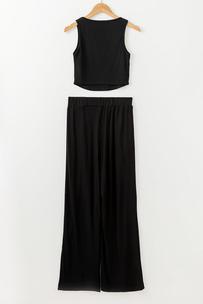 Textured Crop Top and Wide Leg Pants Set