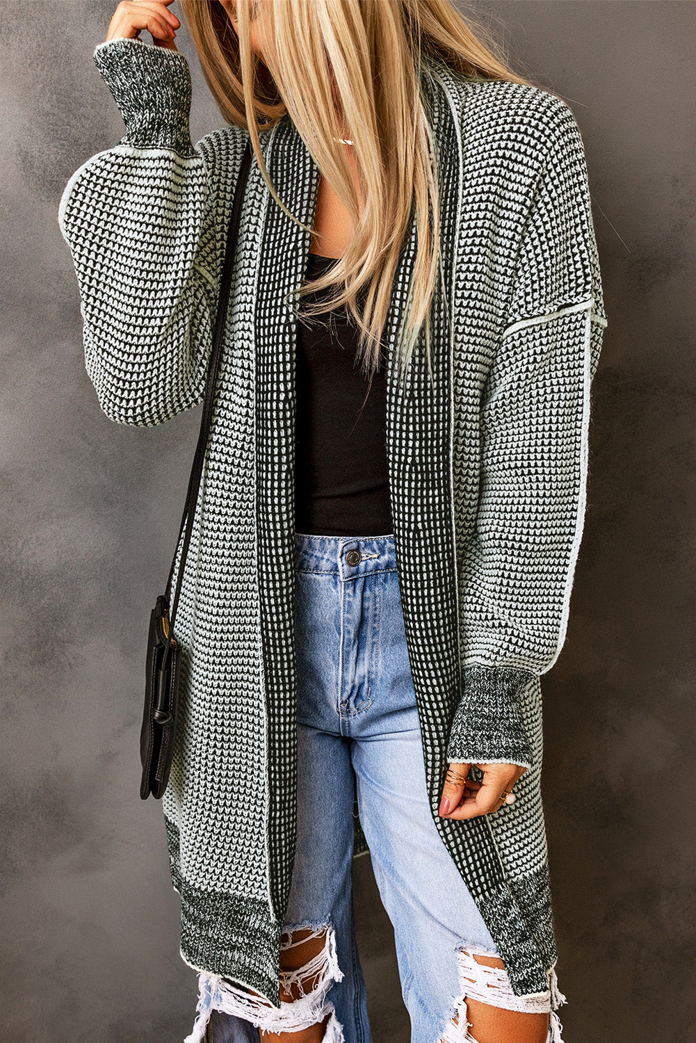 Plaid Knitted Open Front Cardigan