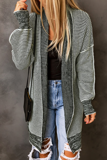 Plaid Knitted Open Front Cardigan