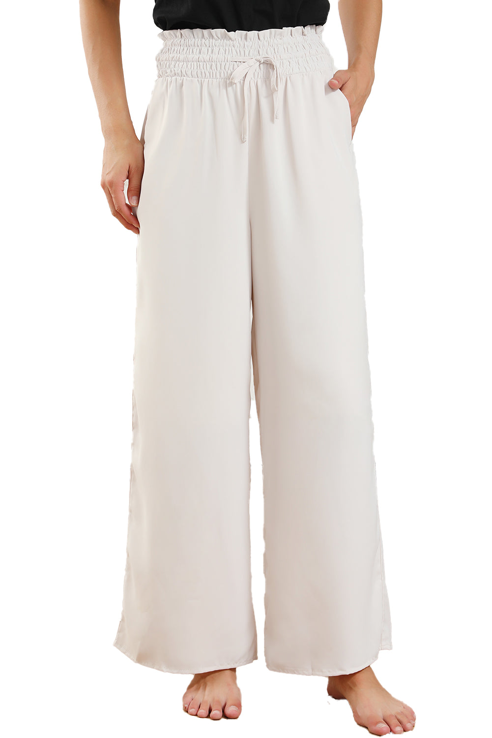 Beige Smocked High Waist Wide Leg Pants