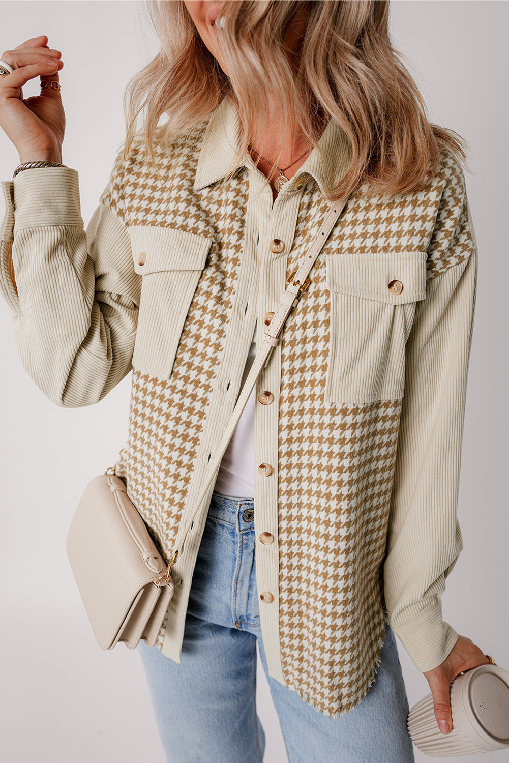 Parchment Houndstooth Corduroy Shacket