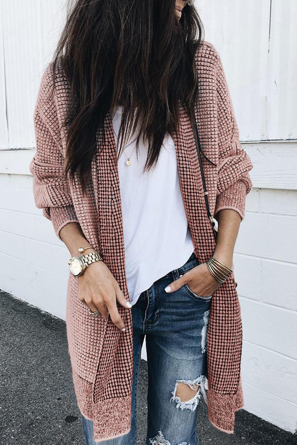 Plaid Knitted Open Front Cardigan