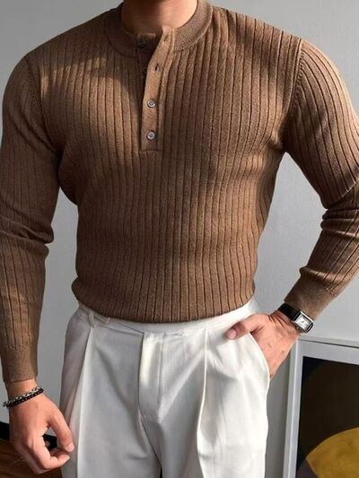 Button Detail Ribbed Long Sleeve Men's Knit Top.