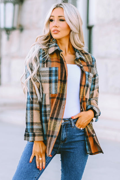 Brown Plaid Color Block Shirt with Pockets