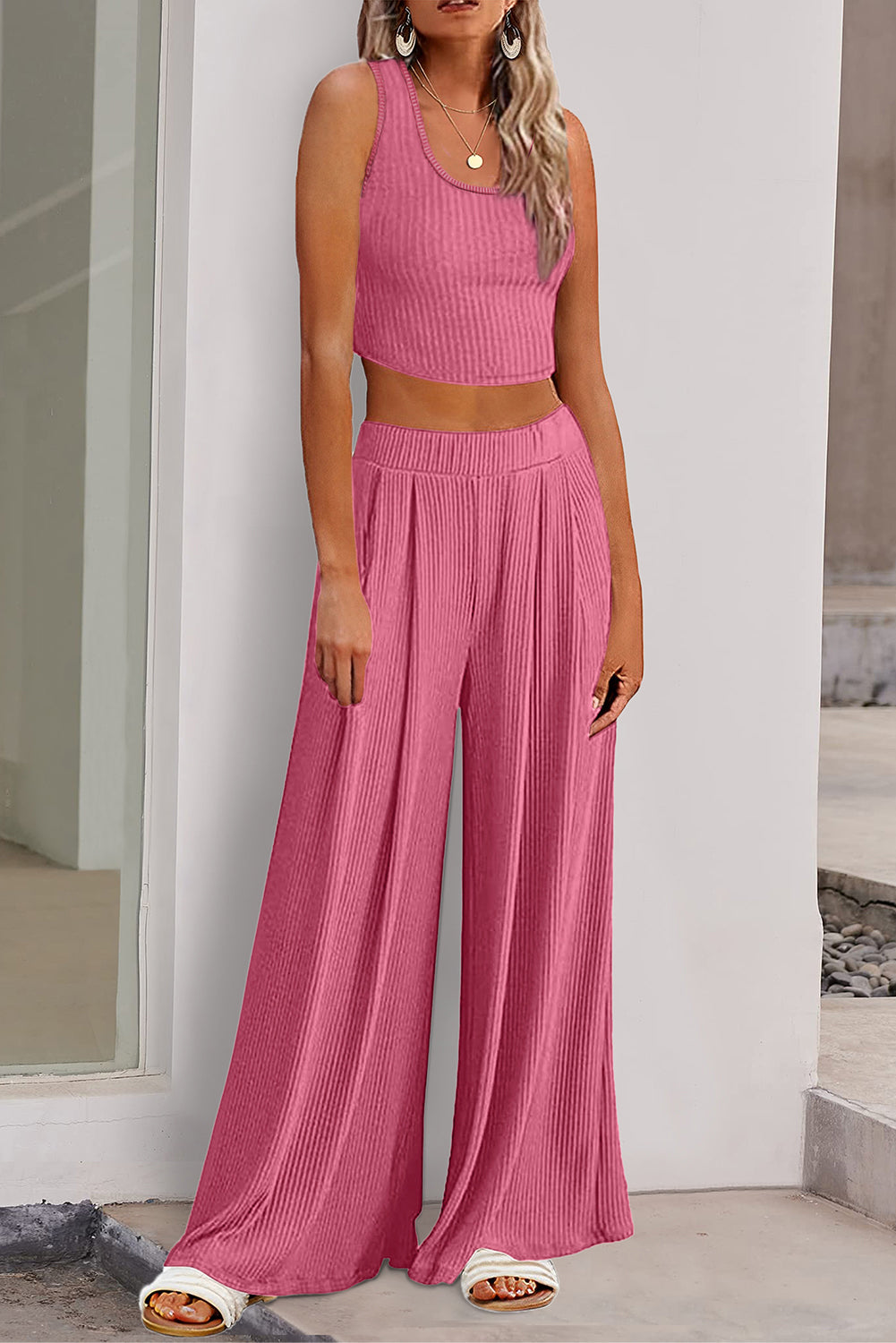 Textured Crop Top and Wide Leg Pants Set