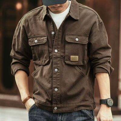 Men's Washed Collared Neck Cargo Jacket.