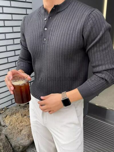 Button Detail Ribbed Long Sleeve Men's Knit Top.