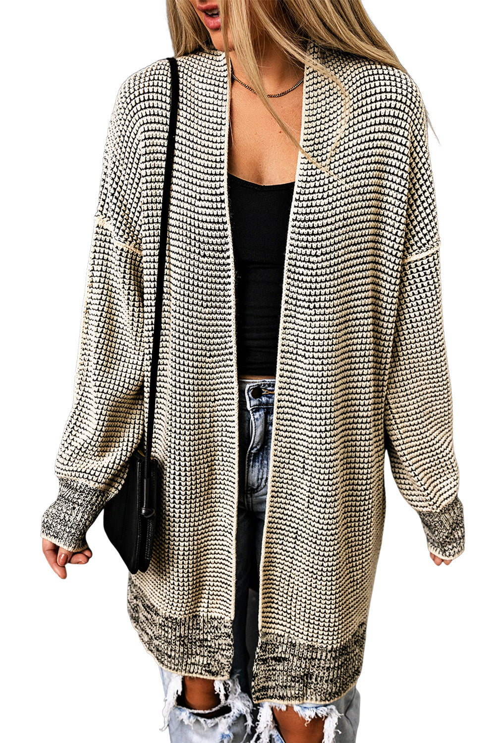 Plaid Knitted Open Front Cardigan