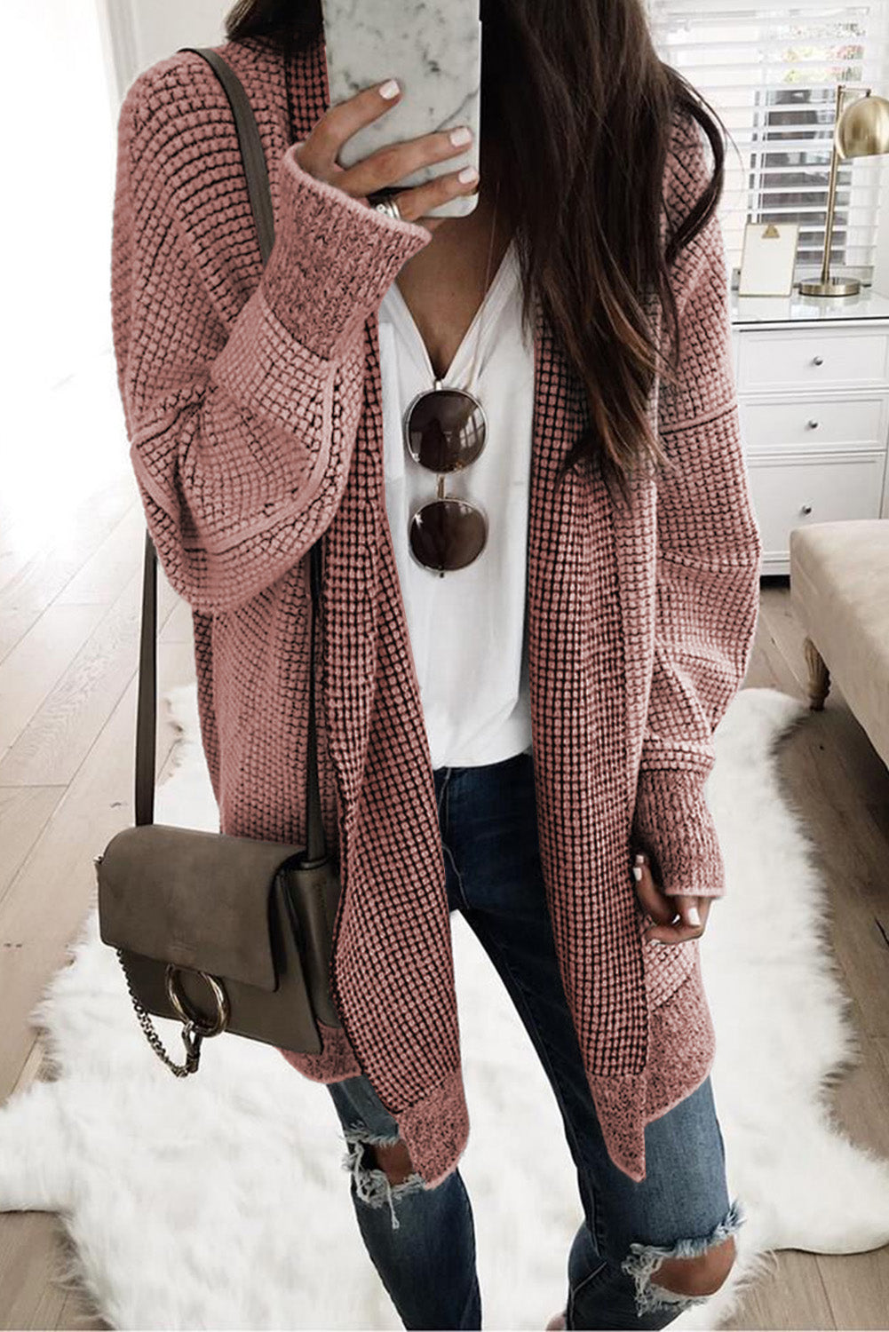 Plaid Knitted Open Front Cardigan