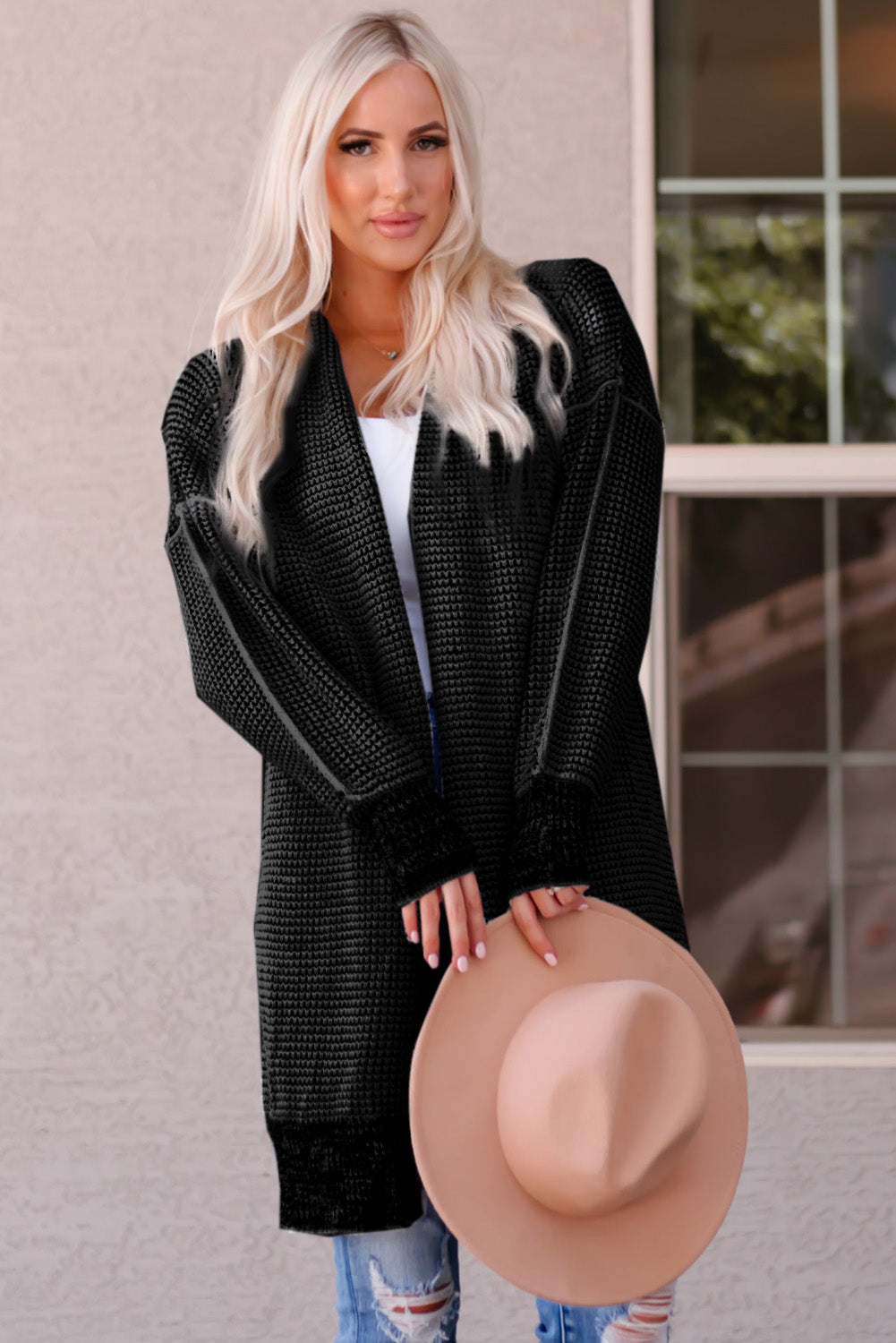 Plaid Knitted Open Front Cardigan